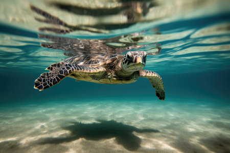 baby turtle swimming through the clear waters of the ocean, on its way to adulthood, created with generative aiの素材
