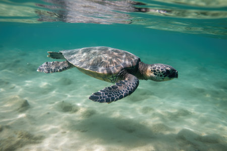 baby turtle with flipper outstretched, swimming away from the shore, created with generative aiの素材