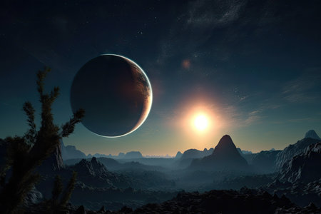 distant exoplanet, with its moon in the background, orbiting its host star, created with generative aiの素材