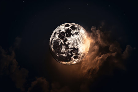 moon, with streaks of light from explosions in the sun, visible against dark night sky, created with generative aiの素材