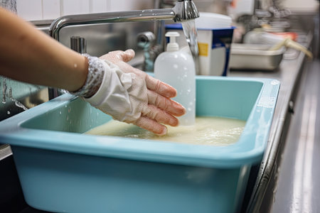 hand-washing sink filled with soapy water, ready for food handlers to clean their hands after handling raw meat, created with generative aiの素材