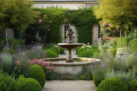 serene garden in french country house, with blooming flowers and fountains, created with generative aiの素材
