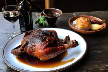 decadent, rich duck dinner with crispy skin and juicy meat, created with generative aiの素材