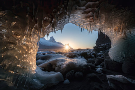 frozen cavern, with view of distant mountain range, and sunrise in the distance, created with generative aiの素材