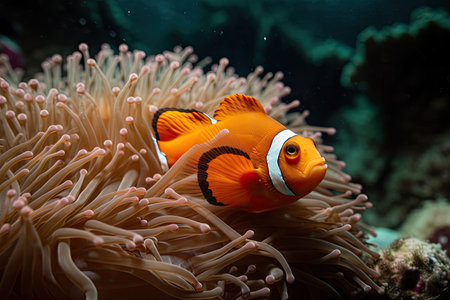 orange clownfish swimming among vibrant sea anemones, created with generative aiの素材