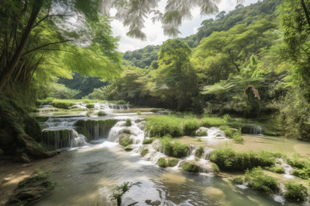 off-the-beaten-path destination with a view of cascading waterfalls and forest scenery, created with generative aiの素材