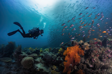 scuba diver in underwater garden, surrounded by schools of fish and colorful coral, created with generative aiの素材