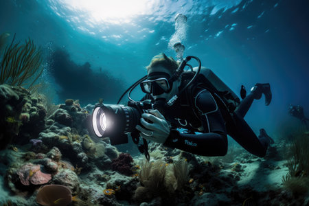 scuba diver with camera in hand, capturing underwater beauty, created with generative aiの素材