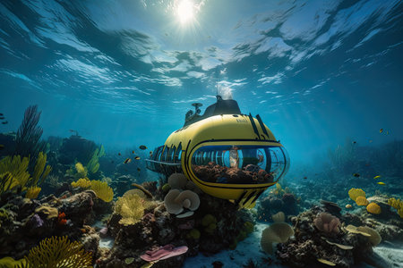 submersible dives into the depths of a coral reef to observe colorful and diverse underwater ecosystem, created with generative aiの素材