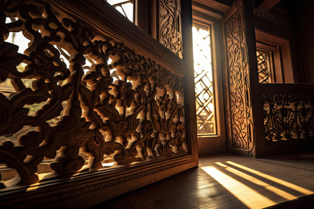close-up of intricately carved window frame, with sunlight streaming through, created with generative aiの素材