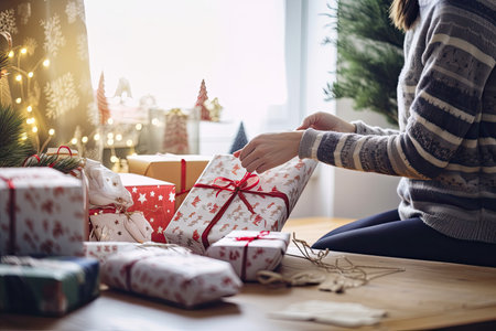 person, wrapping presents in festive room with stockings hanging nearby, created with generative aiの素材