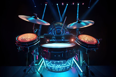 electronic drumset with colorful and intricate lights, creating a dynamic performance, created with generative aiの素材