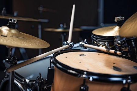 electronic drums set, with drumsticks and cymbals visible in the shot, created with generative aiの素材
