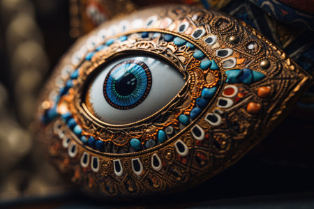 close-up of evil eye, with intricate patterns and colors visible, created with generative aiの素材