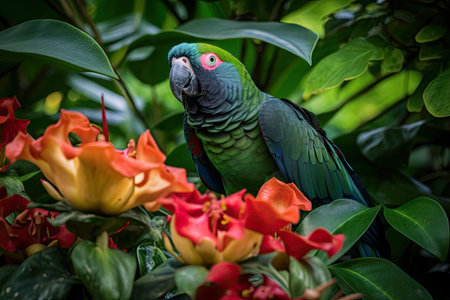 a parrot sitting on a blooming flower, surrounded by lush greenery, created with generative aiの素材