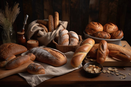 selection of freshly baked bread, including baguettes, rolls, and buns, created with generative aiの素材