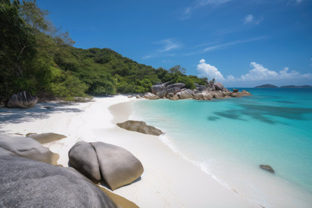 view of secluded beach with crystal clear water and white sand, created with generative aiの素材