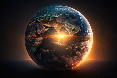 a sunrise over a globe, with the sun rising from behind the earth and illuminating it., created with generative aiの素材