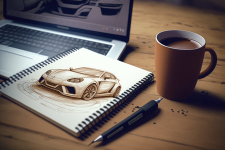 car design sketched on wooden table, with coffee cup and laptop in the background, created with generative aiの素材