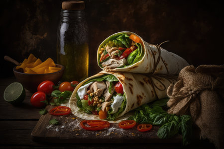 juicy chicken shawarma wrap, filled with flavorful spices and vegetables, created with generative aiの素材