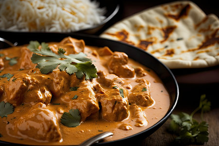 close-up of chicken tikka masala, with juicy and tender pieces of chicken in creamy and spicy sauce, created with generative aiの素材