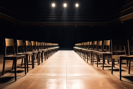 a row of empty wooden chairs on a stage, ready for the performance or speech, created with generative aiの素材