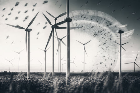 energy industry double exposure of wind farm with dandelion seeds flying in the breeze, created with generative aiの素材