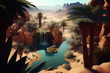 close-up of oasis with waterfall, surrounded by desert landscape, created with generative aiの素材