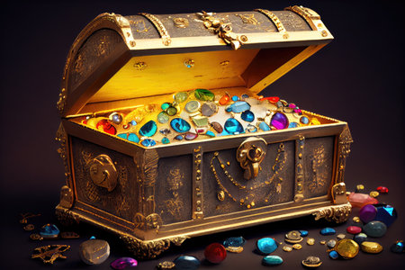 treasure chest overflowing with gold and jewels, created with generative aiの素材