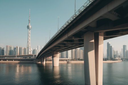 modern bridge, with view of city skyline and river, in bustling metropolis, created with generative aiの素材