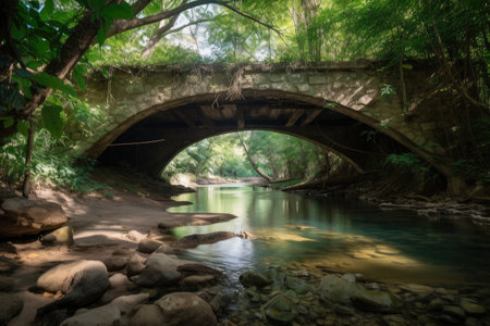 pristine natural environment, with clear and serene stream flowing under bridge, created with generative aiの素材