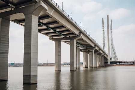 modern bridge, with towering columns and sleek design, spanning busy river, created with generative aiの素材