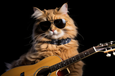 cat holding guitar with rock star attitude, created with generative aiの素材