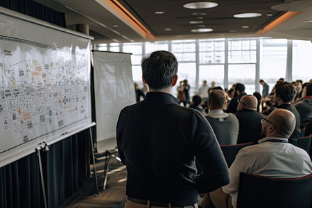 person, giving presentation in front of diverse audience, with view of project management board visible, created with generative aiの素材