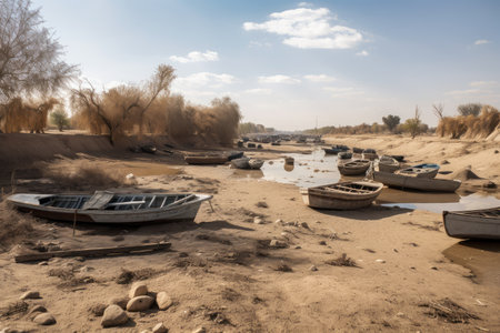 drought-stricken area, with dried up riverbed and abandoned fishing boats, created with generative aiの素材