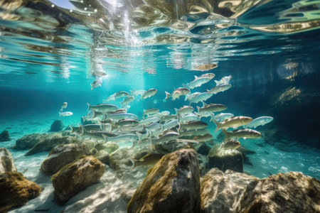 school of fish swimming in crystal-clear pool, created with generative aiの素材