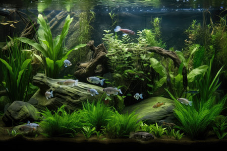 tropical freshwater environment, with schools of fish and tropical plants, created with generative aiの素材