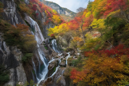 majestic waterfall, with the changing seasons bringing new colors and breathtaking views, created with generative aiの素材