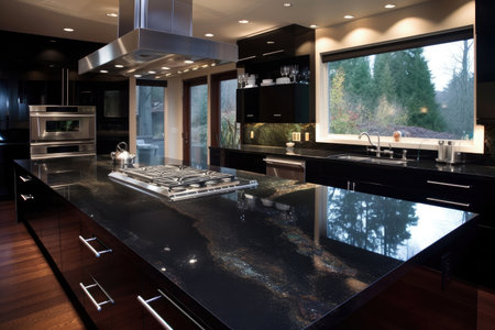 black granite countertop with stainless steel accents and fixtures, created with generative aiの素材