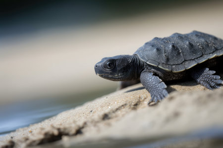 baby turtle climbing up the sandy beach, ready to find its way, created with generative aiの素材