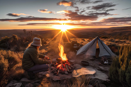 backpacker cooking over campfire, with view of the sunset, created with generative aiの素材