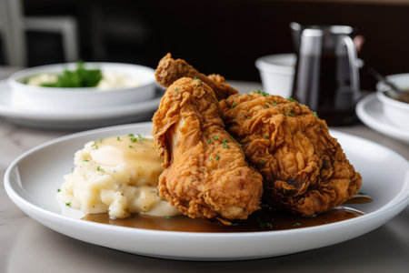 fried chicken, mashed potatoes, and gravy on white plate, created with generative aiの素材