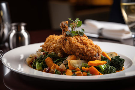 upscale restaurant, featuring crispy fried chicken and vegetable medley, created with generative aiの素材