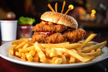 stack of fried ducky with french fries on a plate, created with generative aiの素材