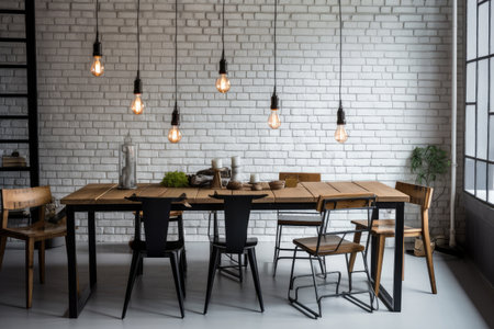 industrial dining table, with simple chairs and industrial lighting, created with generative aiの素材