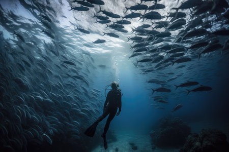 person, diving into the depths of ocean, with schools of fish swimming around, created with generative aiの素材