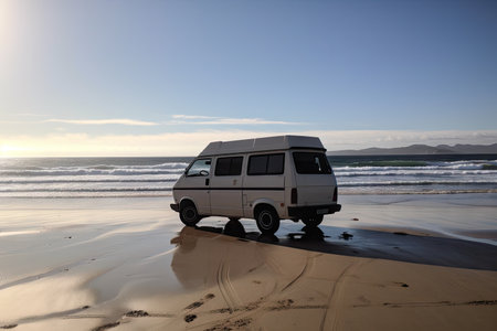 van parked on a beach, with waves rolling in the background, created with generative aiの素材