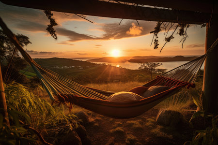creative backyard escape with a hammock and view of the sunset, created with generative aiの素材
