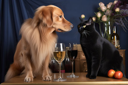 a black cat and golden retriever mingling at a cocktail party, with glasses of wine and champagne, created with generative aiの素材