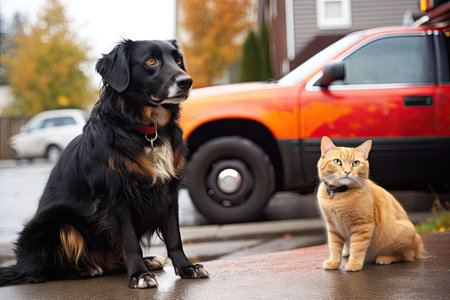 scene of cat and dog responding to emergency call, with sirens flashing, created with generative aiの素材